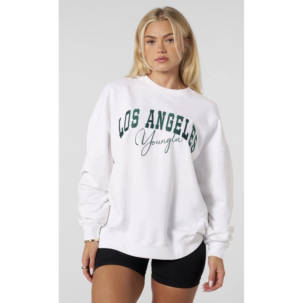 YoungLA W563 Varsity Crewneck Sweatshirt Long Sleeve White Green Women's Medium